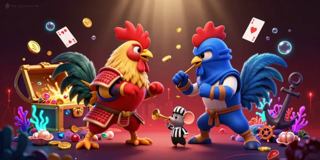 Engage with kết quả bóng đá through a vibrant illustration featuring samurai and ninja roosters in a dynamic casino scene.