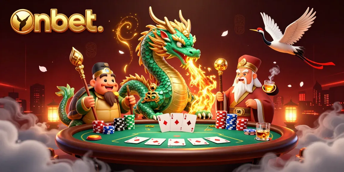 Experience thrilling gameplay at onbet. with a jade dragon and a sage at a vibrant poker scene.