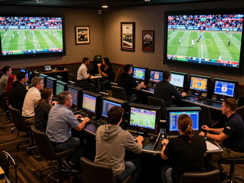 Patrons engage with tỷ lệ cá cược bóng đá at a lively sports betting venue during match day