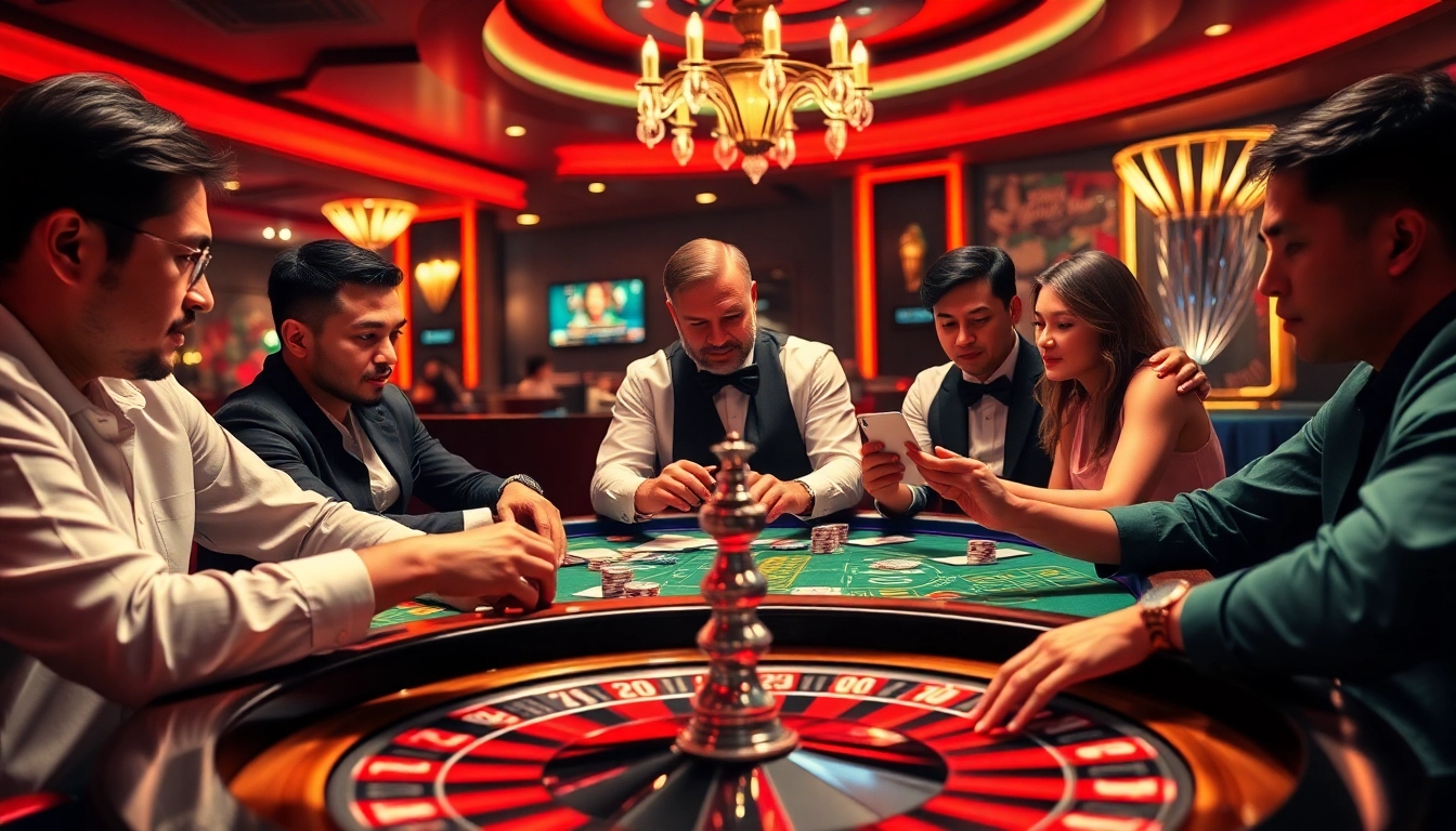 Players enjoying Game bài đổi thưởng with poker chips and cards in an exciting casino atmosphere.