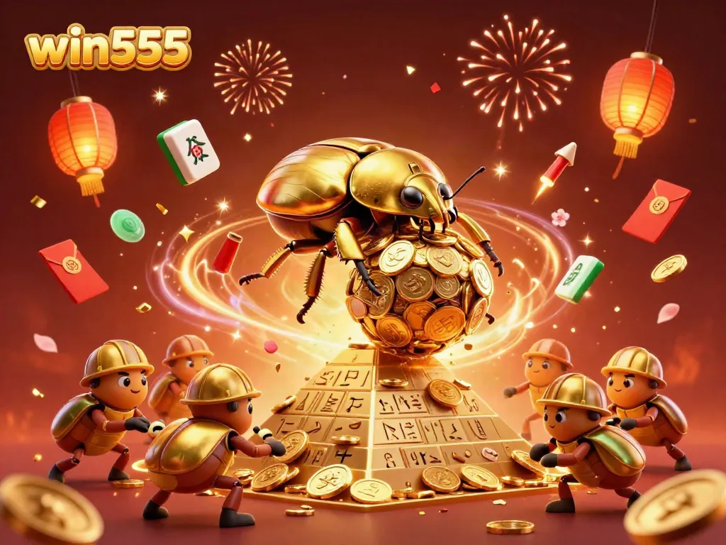 Explore rewarding gameplay featuring win555 in a vibrant, animated 3D casino scene with lucky symbols.