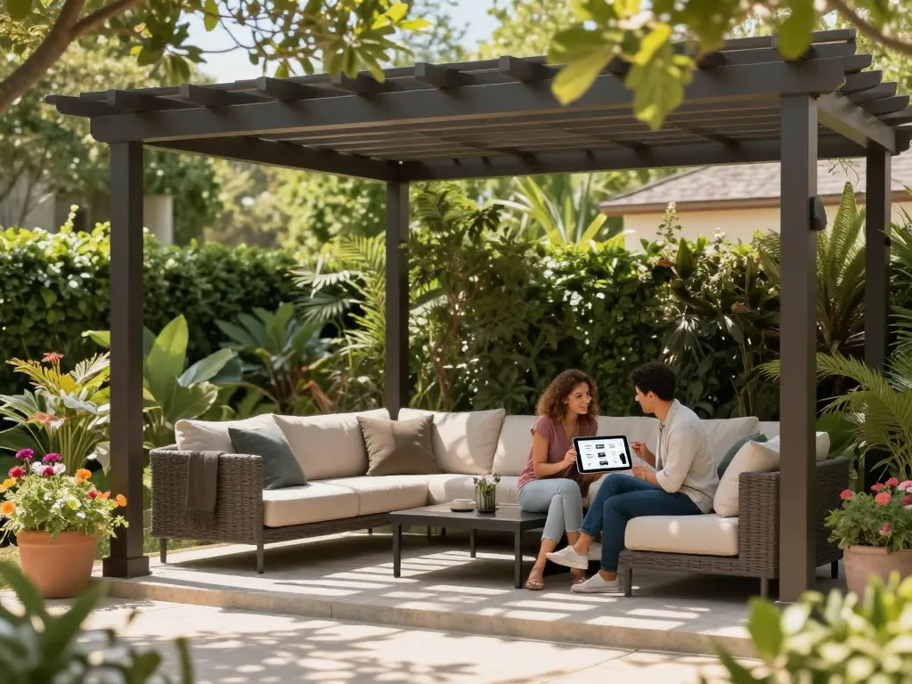 Couple using a configuratore 3D per pergole in an inviting outdoor space surrounded by greenery and flowers.