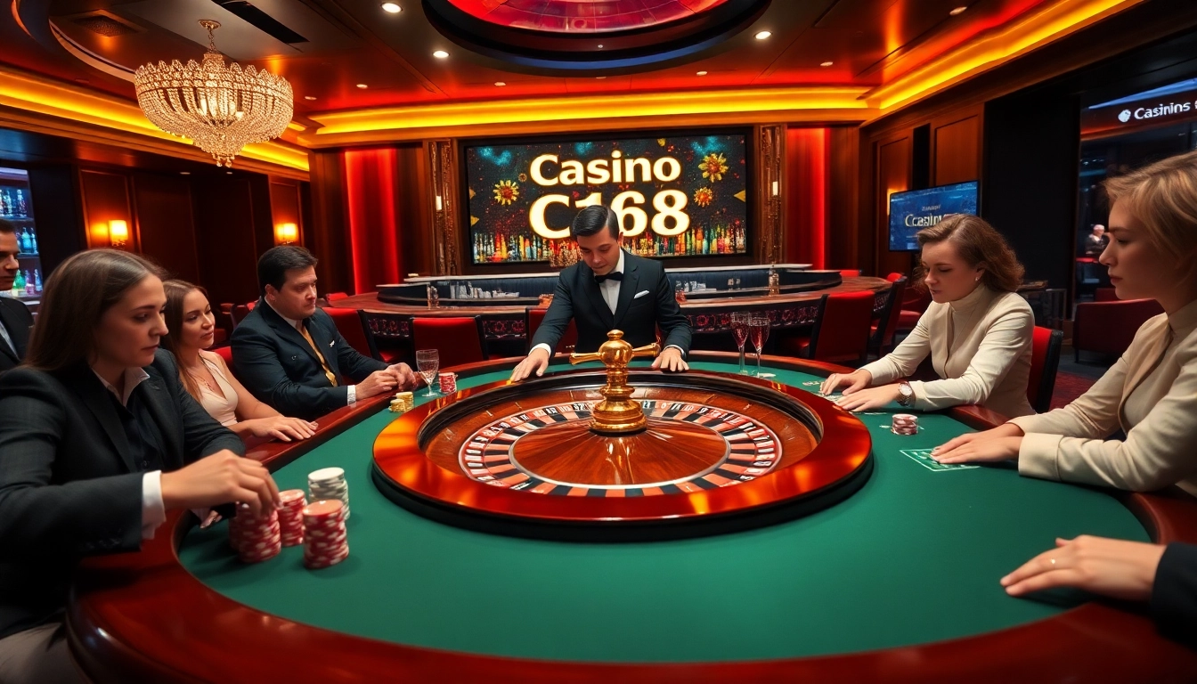 Exciting casino c168 scene featuring a roulette table and vibrant players stacking colorful chips.