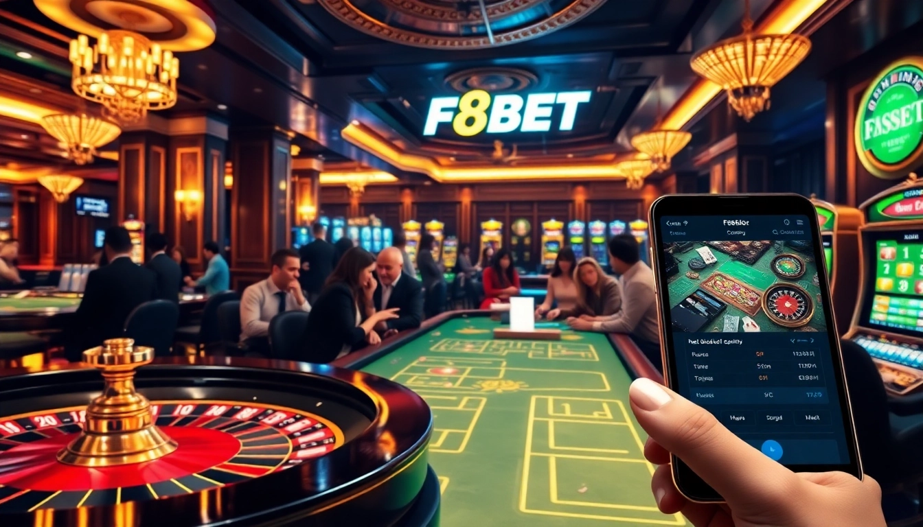 Players enjoying a thrilling F8BET casino experience with vibrant games and a luxurious ambiance.