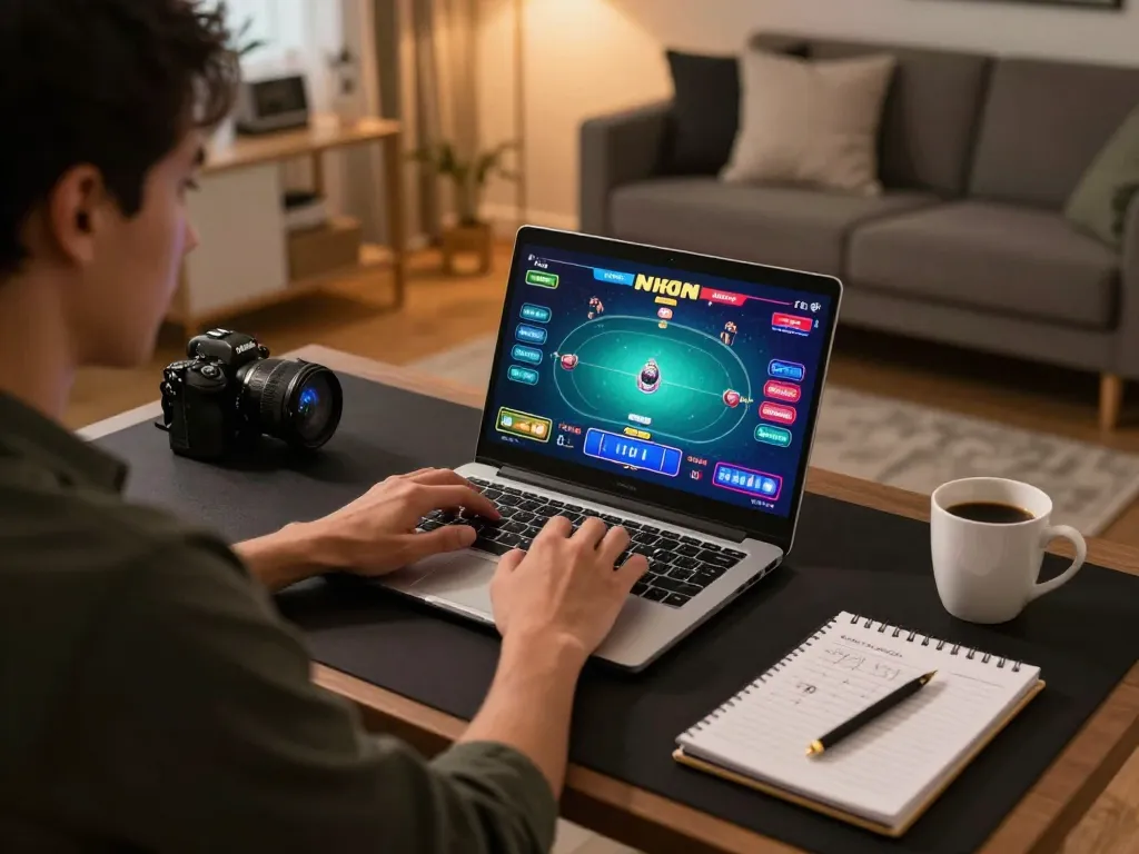 M88 player strategizing poker moves in a cozy home setting with laptop and notes.
