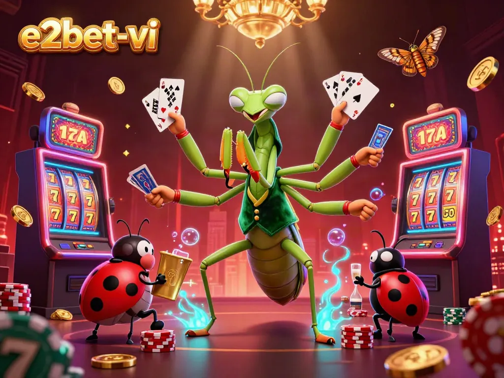 Experience the thrill of e2bet-vi with a vibrant casino scene featuring a giant praying mantis dealer and exciting slot elements.