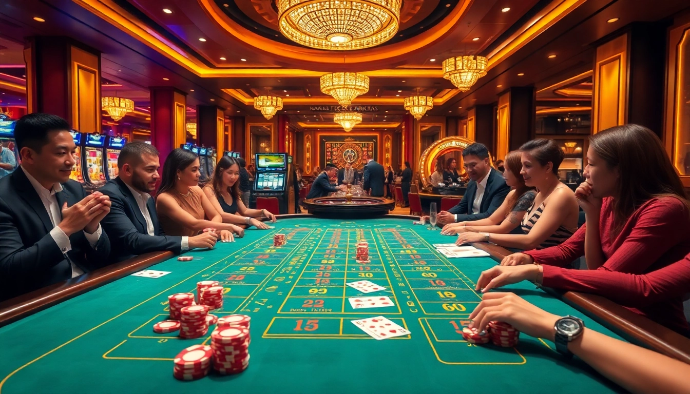 Players enjoying an exciting baccarat game at XX88 casino, showcasing vibrant chips and cards.