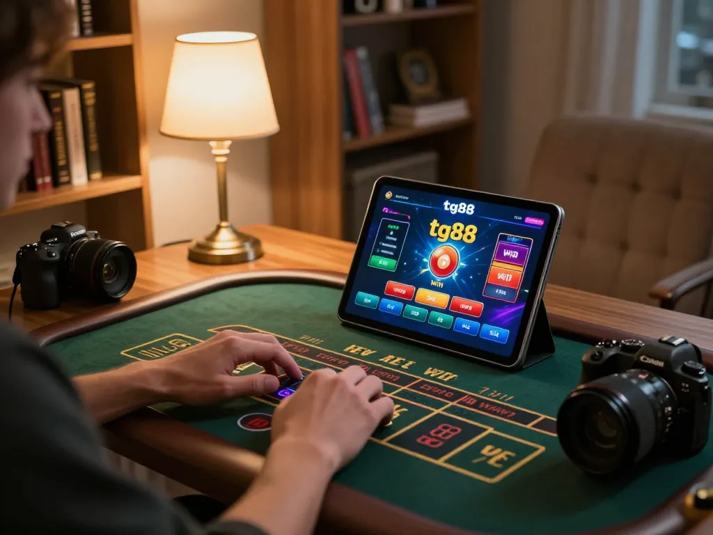 Engaging with tg88 win app on tablet during a cozy home gaming session, showcasing online casino interface.