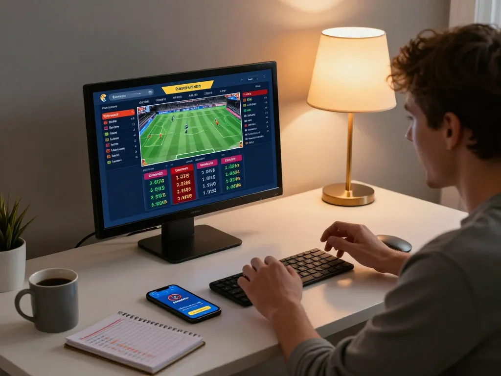 Person enjoying online gambling on ledaonline with sports betting interface, showcasing responsible gameplay.