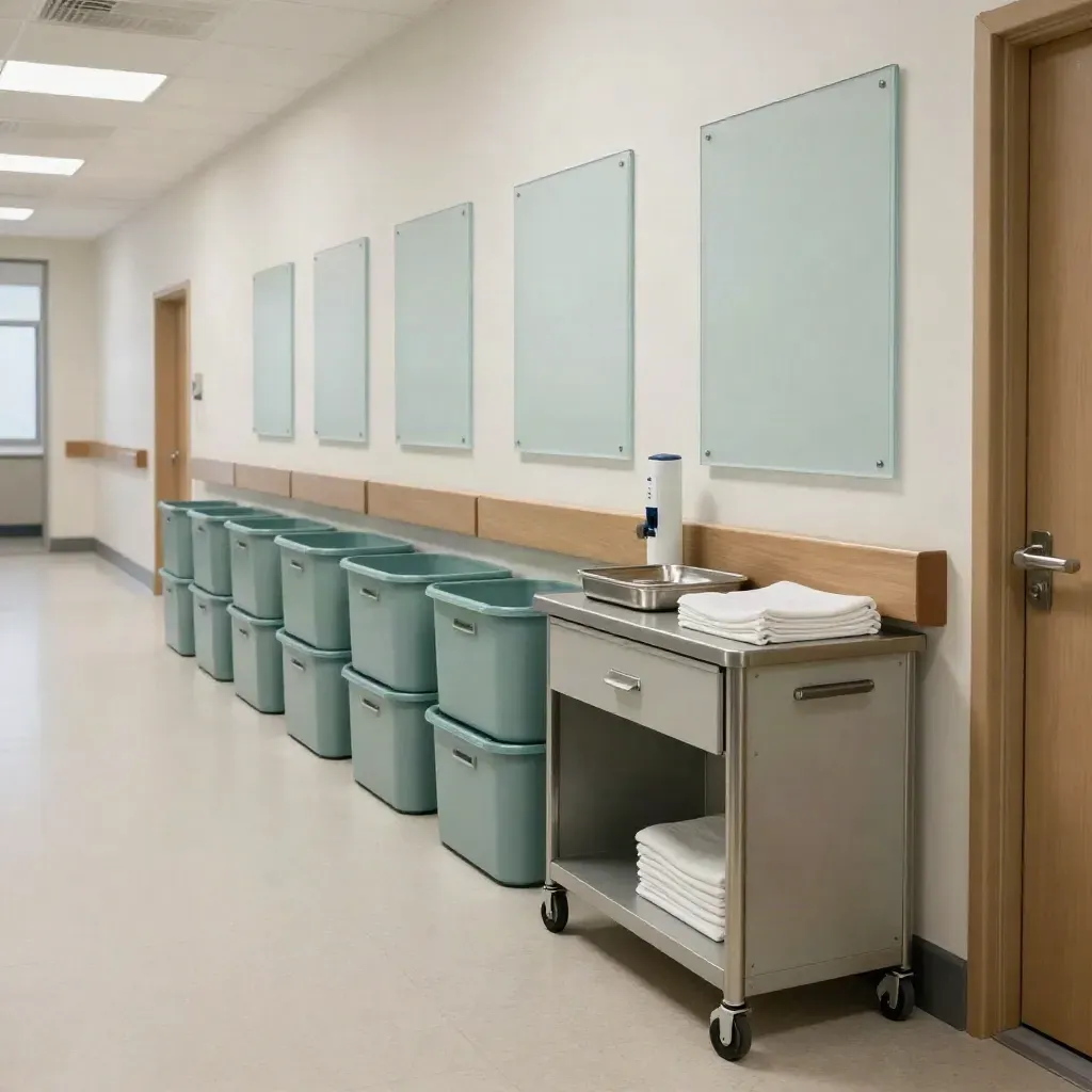 Standardiserad klinikkorridor med blanka vägledningsskyltar och ordnade förvaringslådor.