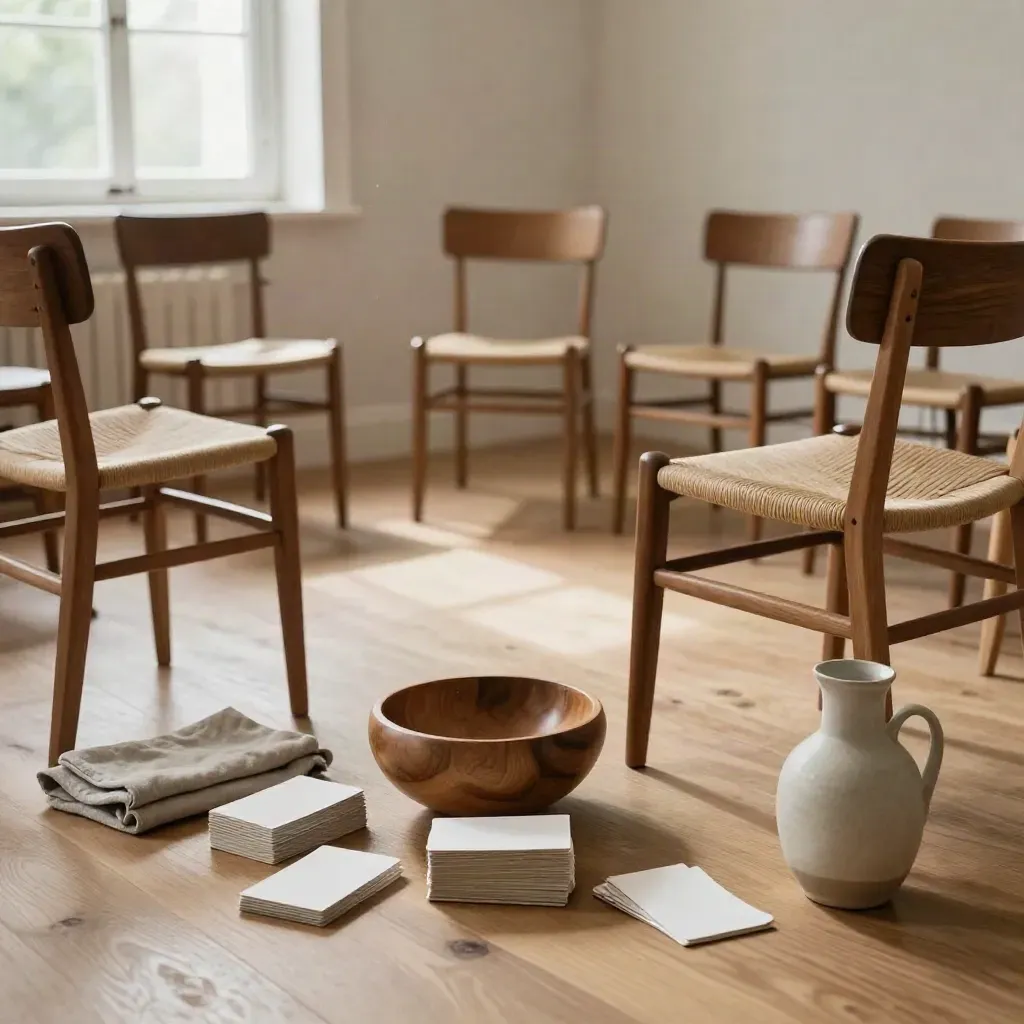 Tomma stolar i cirkel, träskål med brickor och kort inför workshop