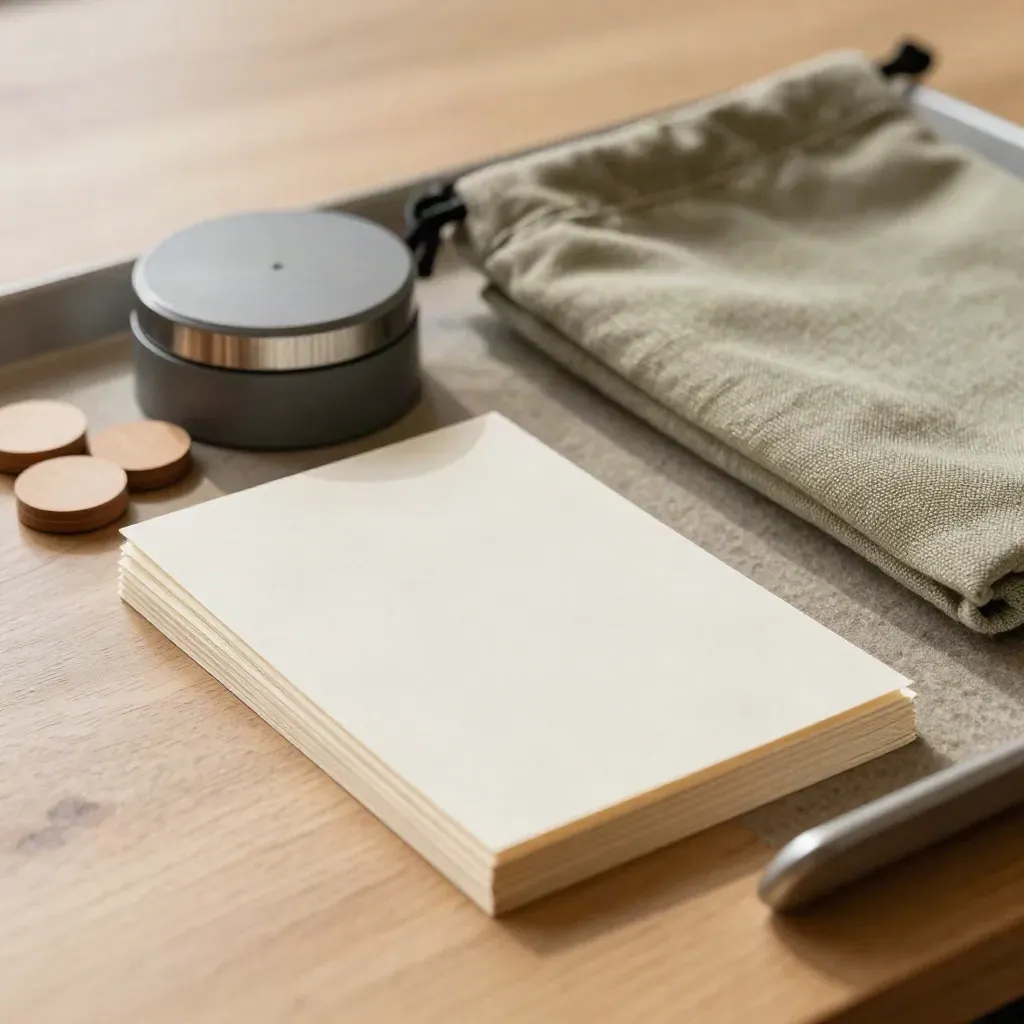 Workshop-kit i närbild med träbrickor, tomma kort, timer och tygpåse i ljusgrå toner