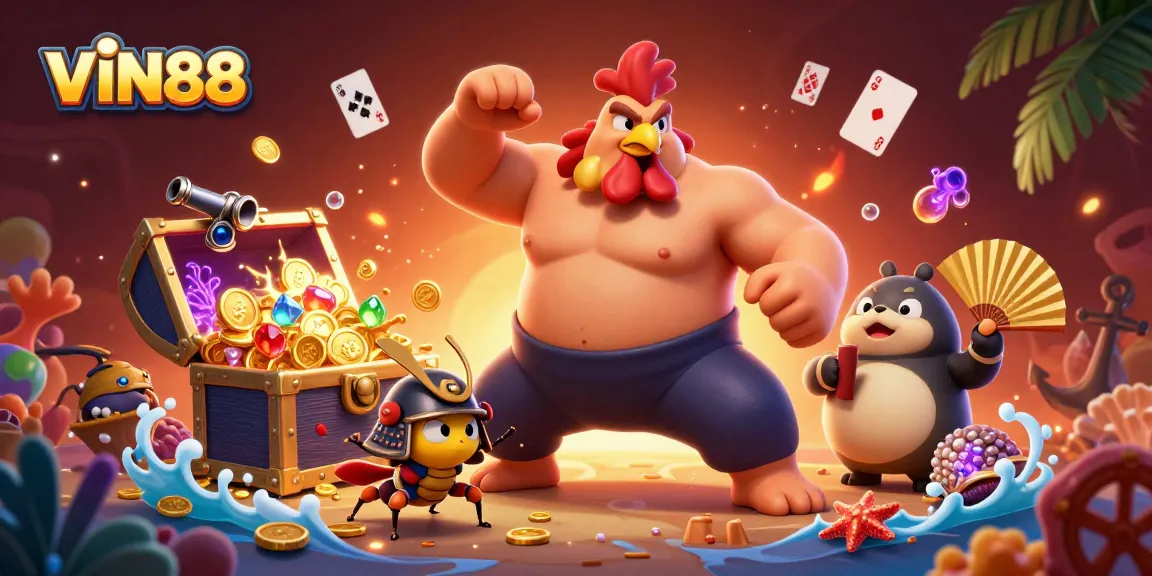 Join VIN88 for thrilling gameplay featuring cartoon characters, vibrant treasures, and engaging casino elements.