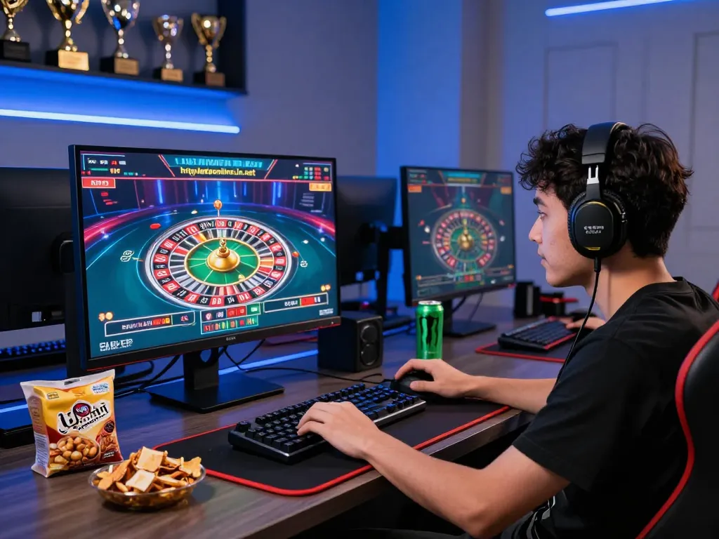 Exciting gaming experience at https://ledaonline.in.net/ with a player engaging in live casino gameplay surrounded by modern gaming setup.