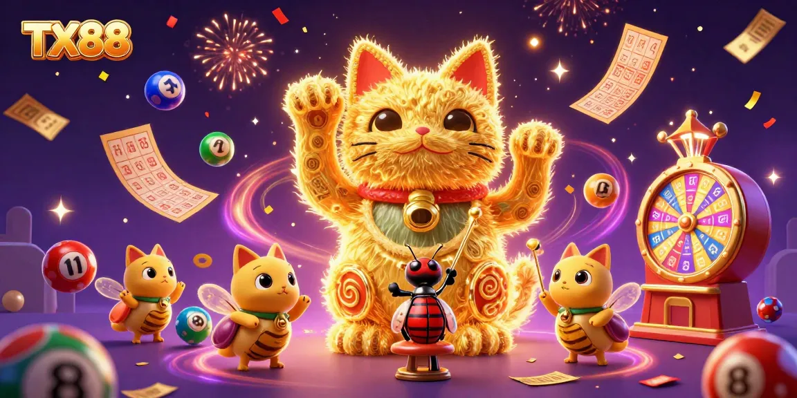 Experience the excitement of TX88 with a dynamic illustration featuring a lucky cat and casino symbols amidst vibrant celebrations.