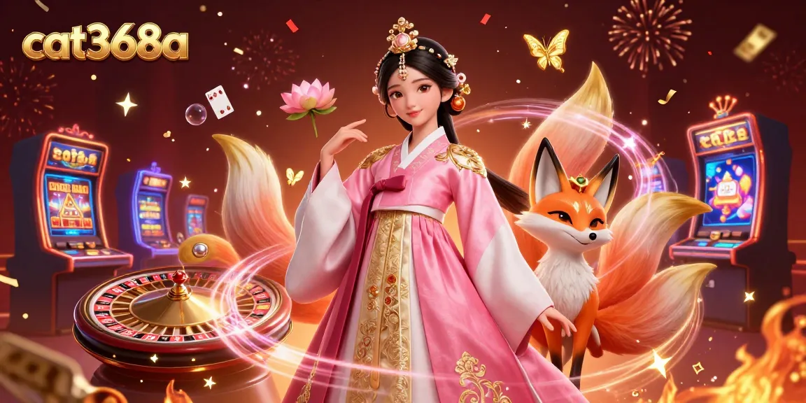 Experience exciting gaming adventures with cat368a, featuring a glamorous Asian woman and lucky fox.