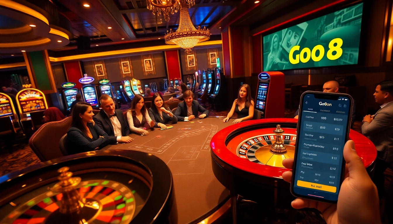 Experience the excitement of go8 gambling with players at a luxury casino table, betting chips in hand.