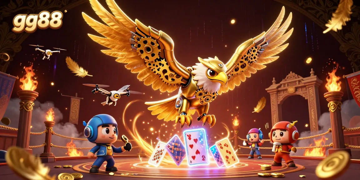 Experience thrilling gaming action at GG88 with a dynamic illustration of a cybernetic eagle amid swirling casino elements.