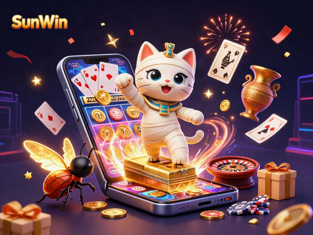 Experience thrilling action in SunWin’s vibrant casino with 3D mummy cat and gold coins flying.