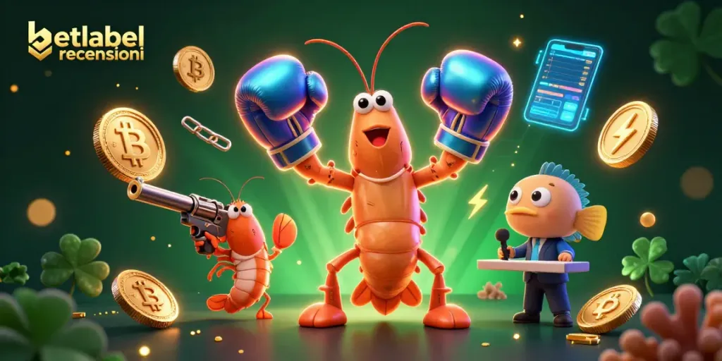 Betlabel recensioni highlights the vibrant digital casino world with dynamic characters and crypto elements.
