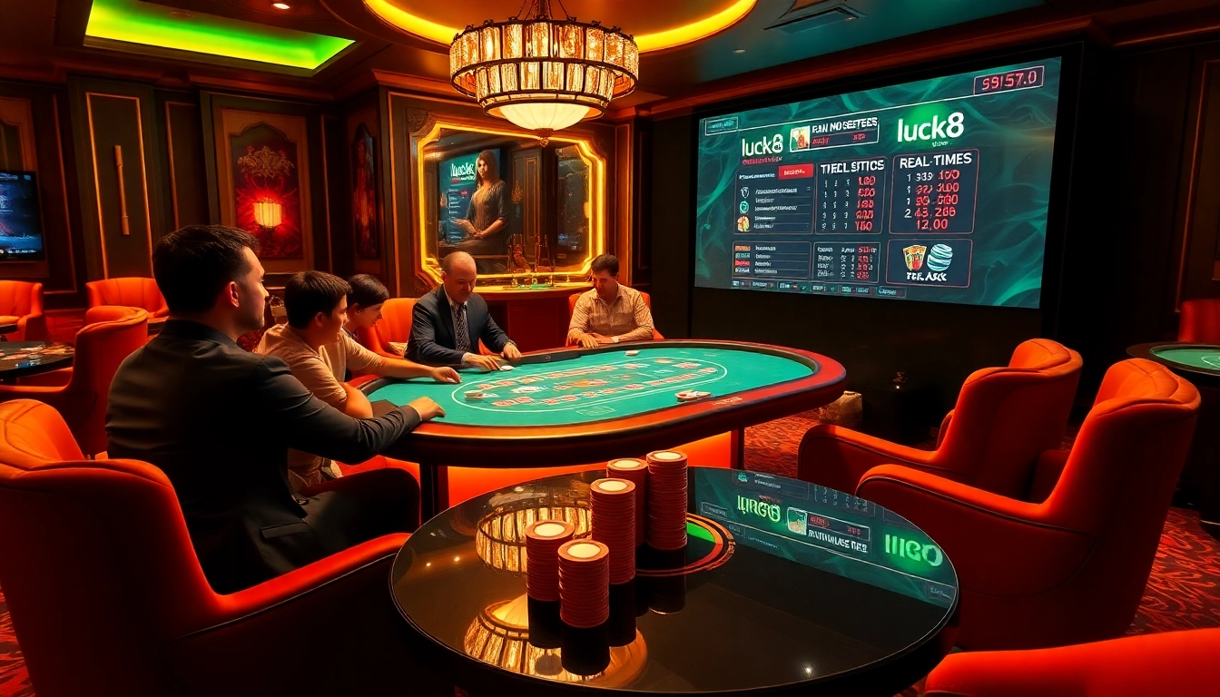 Engage in a thrilling luck8 online gambling experience with vibrant poker action and digital displays.