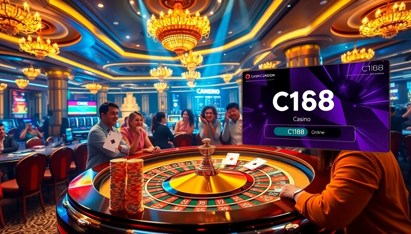 Players enjoying a thrilling game at C168's luxurious casino table with vibrant chips and lively atmosphere.