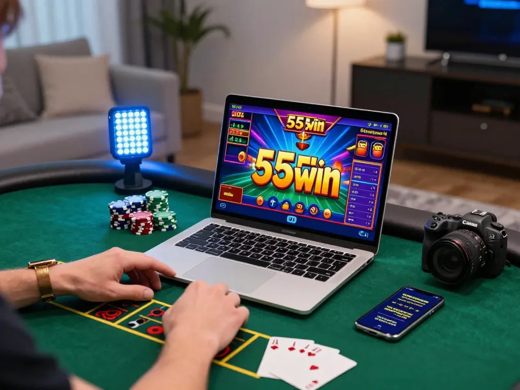 Engaging player using 555win platform with colorful game graphics and poker chips in a vibrant living room.