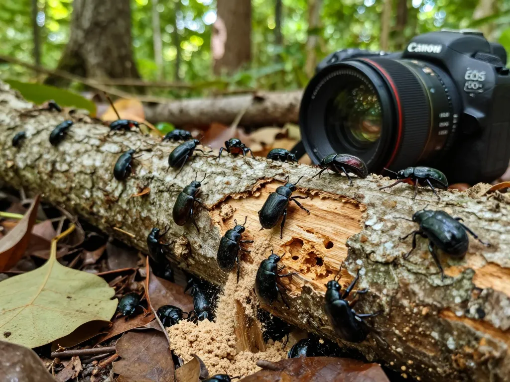 coleotteri del legno nel loro habitat naturale, che mostrano scarabei che scavano nel legno e lasciano tracce di polvere
