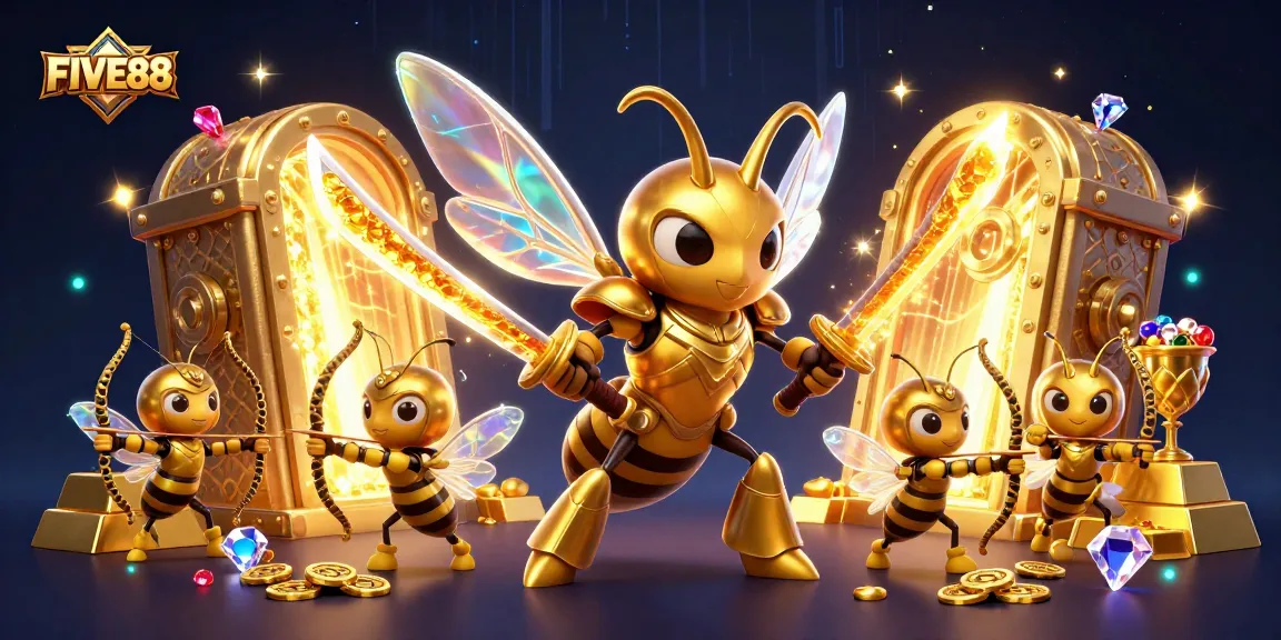Engage with FIVE88's thrilling casino adventure featuring combat-ready characters in a dazzling treasure environment.