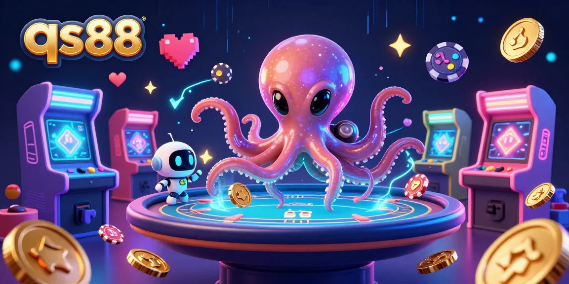 Win at qs88 with a vibrant 3D casino scene featuring an octopus dealer, retro games, and colorful poker chips.