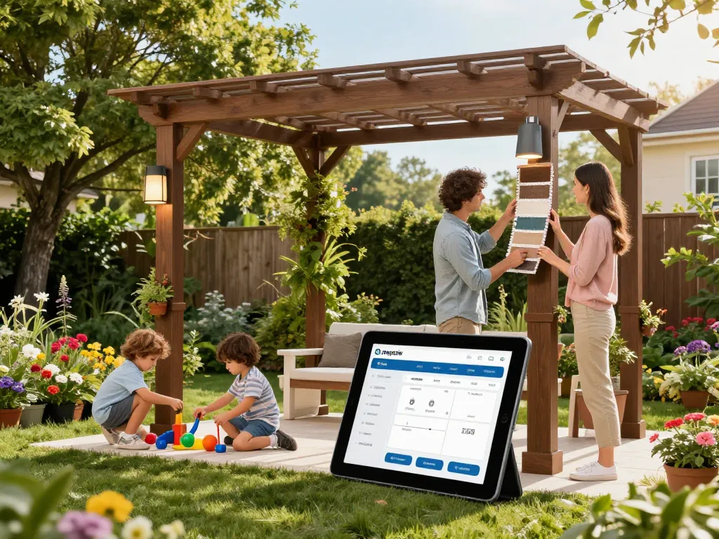 Famiglia che personalizza un configuratore pergole con preventivi automatici in un giardino assolato.