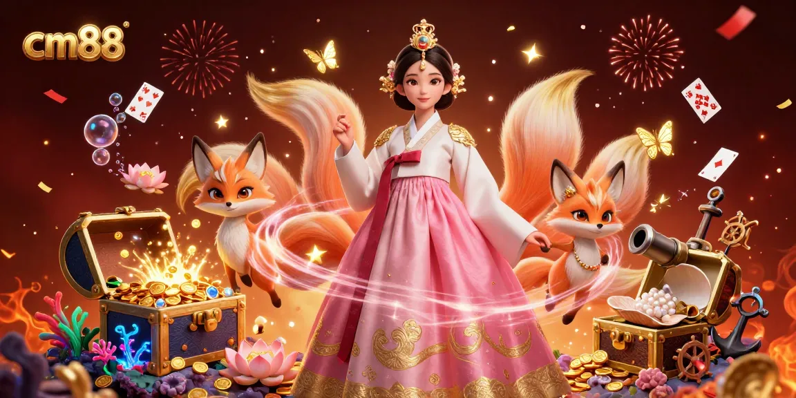 Experience exciting wins at cm88 with a lavish illustration of a graceful woman in a hanbok, lucky fox, and vibrant casino elements.