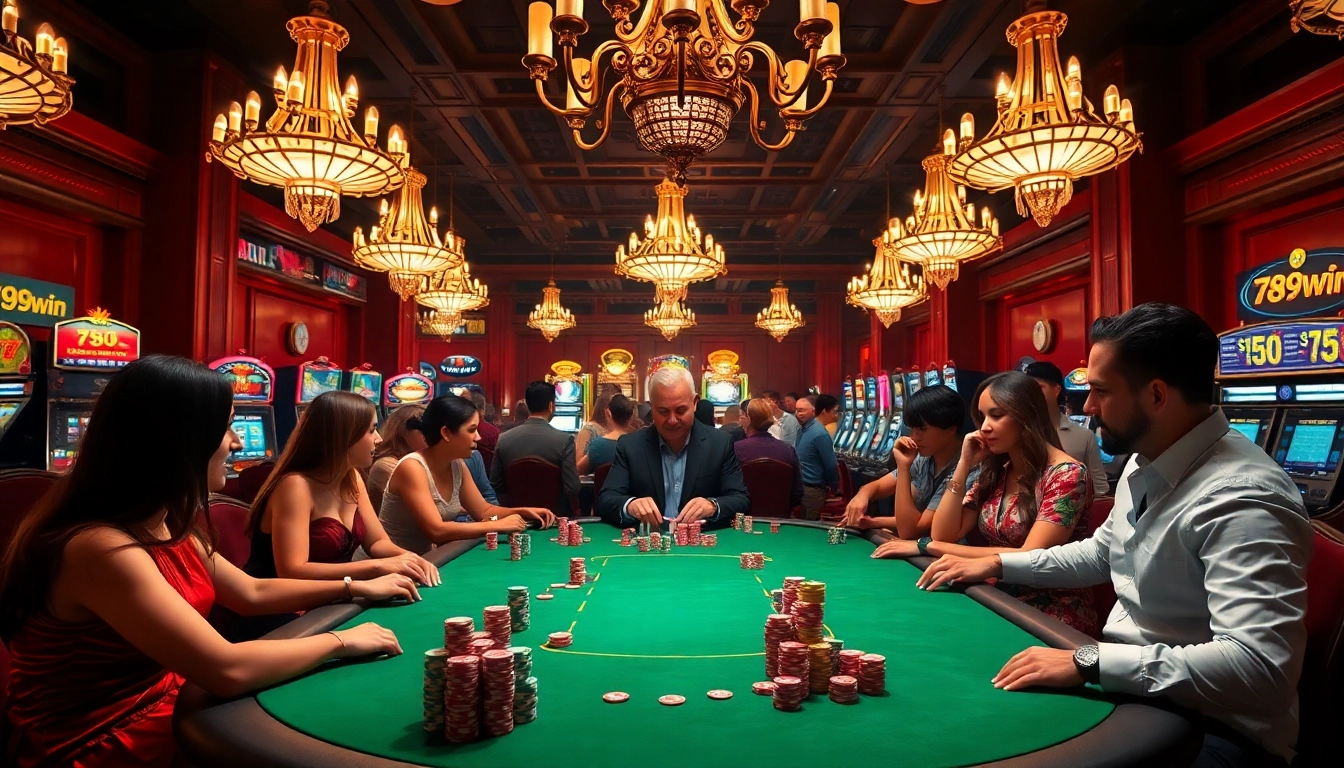 Players engaging in an exciting poker game at a sophisticated casino, showcasing 789win branding.