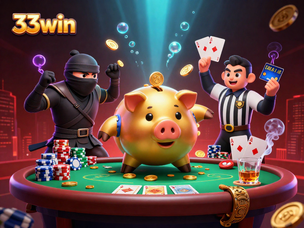 33win showcases an intense 3D casino battle featuring vibrant characters in action with cards and chips.