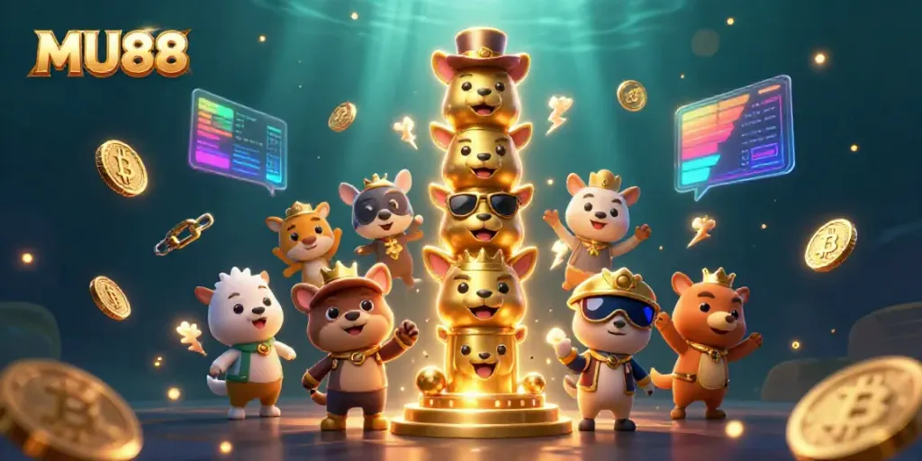 Engage with MU88's casino scene featuring a golden totem pole and cryptocurrency elements.