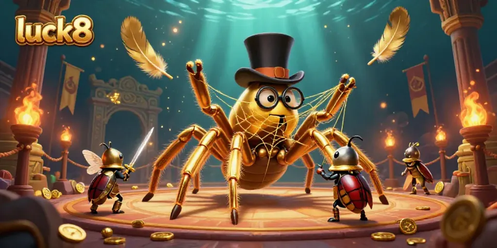 Experience the thrill of luck8 in this vibrant casino scene featuring a cartoon golden tarantula weaving riches amidst cheering spectators.