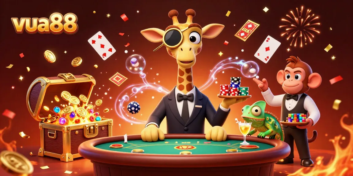 Experience excitement at vua88 with a high-roller giraffe and vibrant casino elements in a dynamic 3D scene.