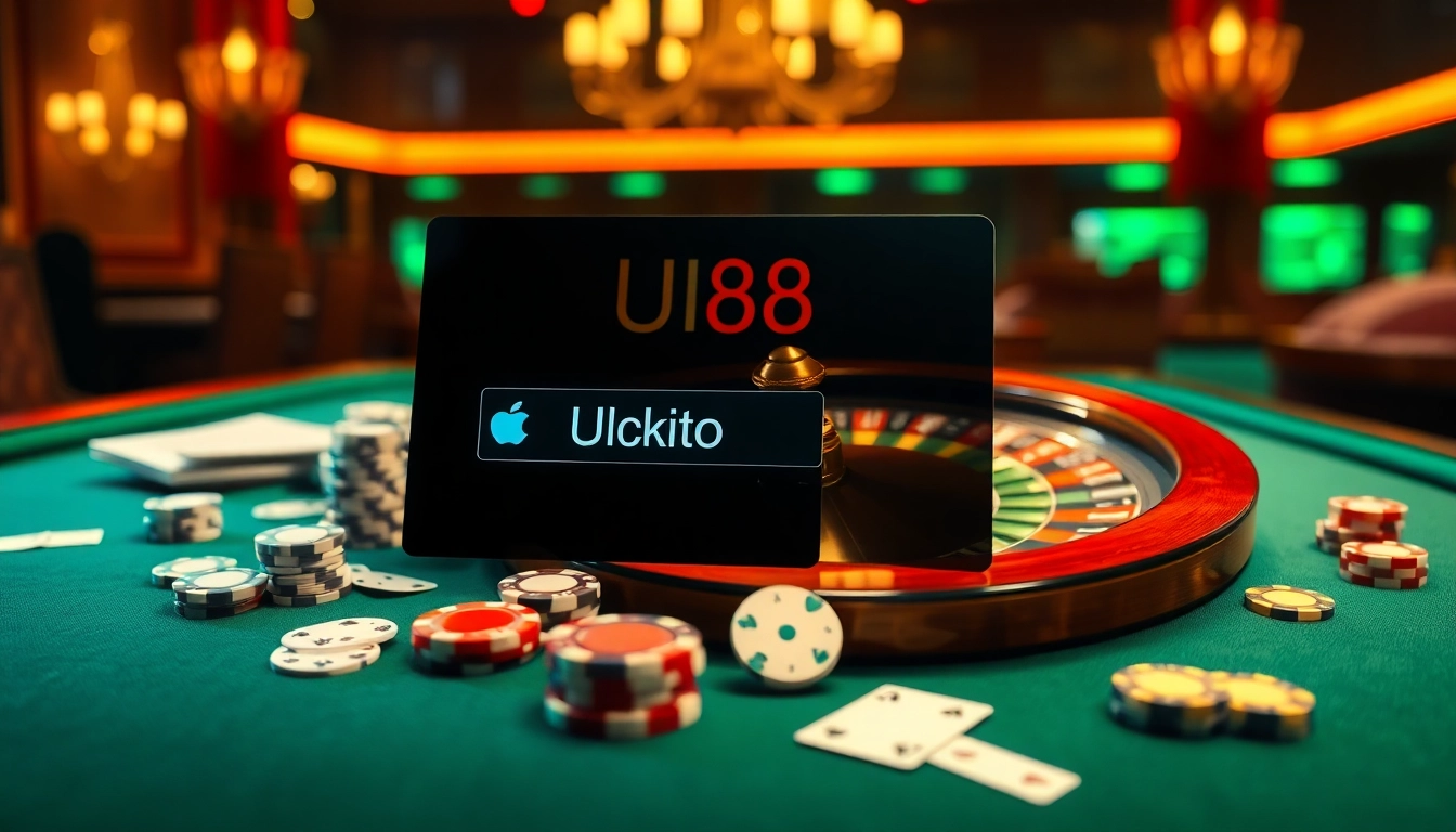 Experience thrilling gameplay at uu88 as you play on a stunning casino table decorated with poker chips.