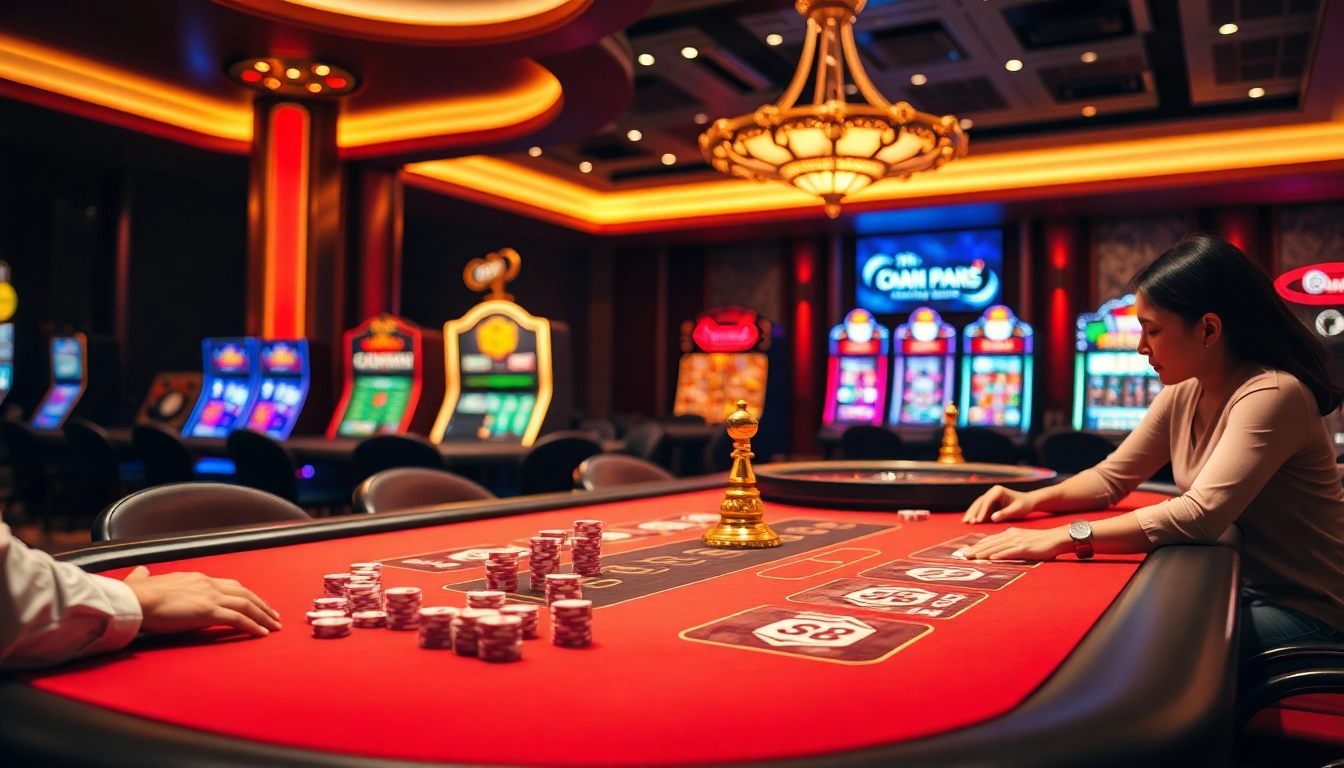 Players enjoying a vibrant gaming experience at Nhà Cái FLY88 casino, showcasing poker chips and a roulette wheel.