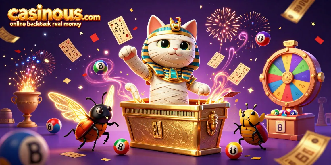 Experience the thrill of casinous.com online blackjack real money with a dynamic casino scene featuring a winning Egyptian mummy cat.