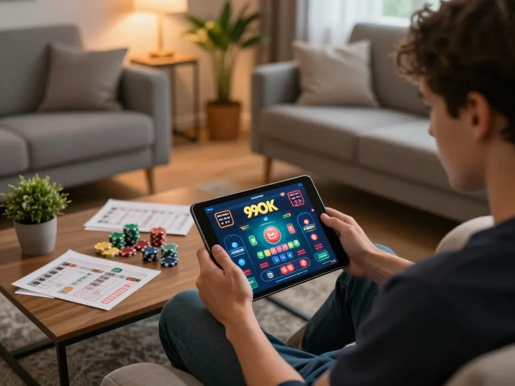 Player engaging with the 99OK online casino app in a cozy home setting, illustrating strategic gameplay.