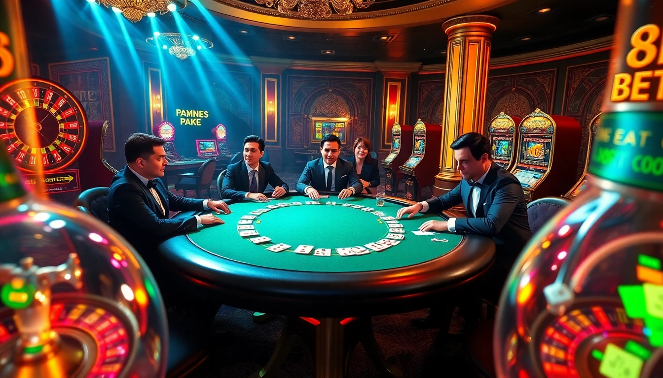 Experience a thrilling poker game at 8kbet with vibrant casino lights and professional players.