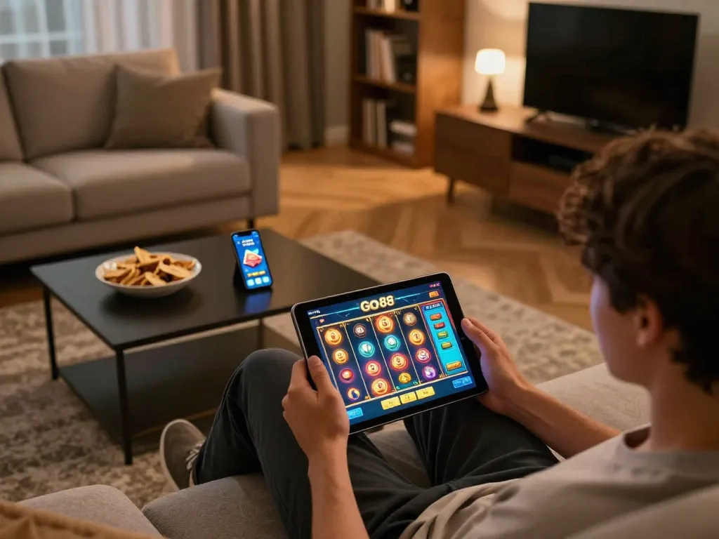 Thưởng thức một phiên chơi game trực tuyến Go 88 đầy năng động trên máy tính bảng trong một phòng khách ấm cúng.