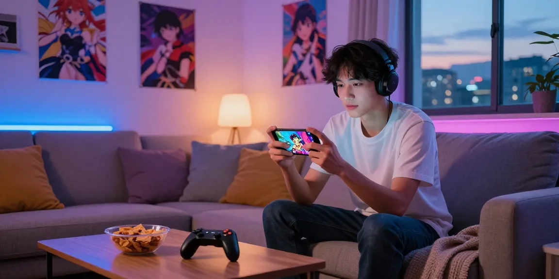 Engaged gamer enjoying a mobile hentai game in a cozy living room setting.