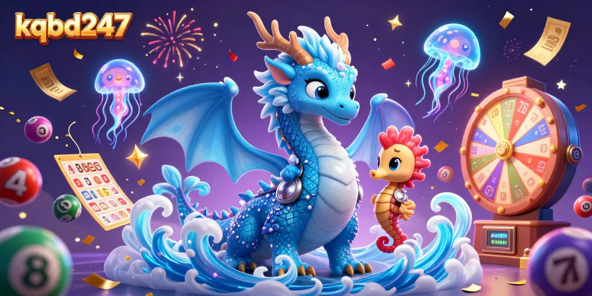 Engage with kqbd247 as a majestic azure water dragon interacts with vibrant lottery elements in a dynamic scene.