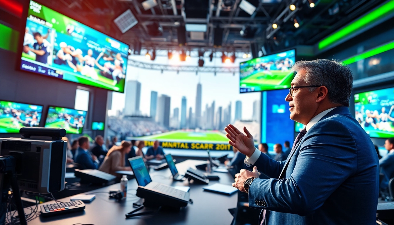 Broadcasting professionals in action during a Sports Broadcasting segment, showcasing technology and energy.