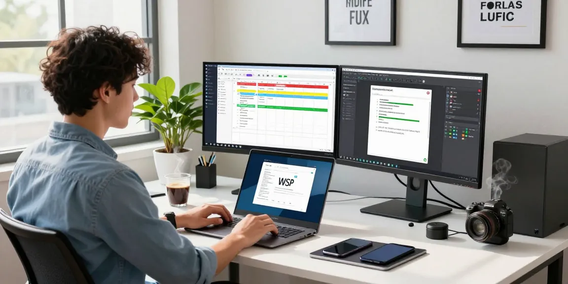 Professional workspace scene with WPS Download in use, highlighting productivity and tech tools.