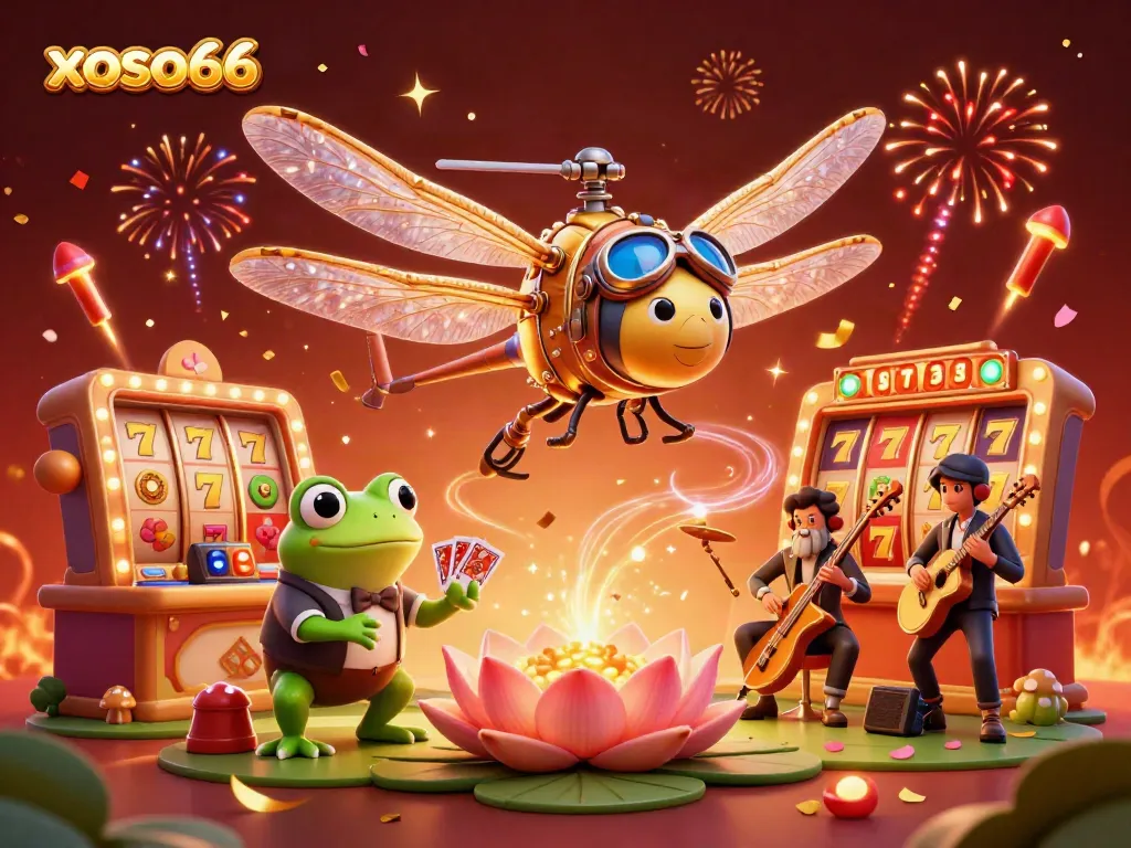Experience the excitement of xoso66 with a lively casino scene featuring a dragonfly pilot and vibrant slot reels.
