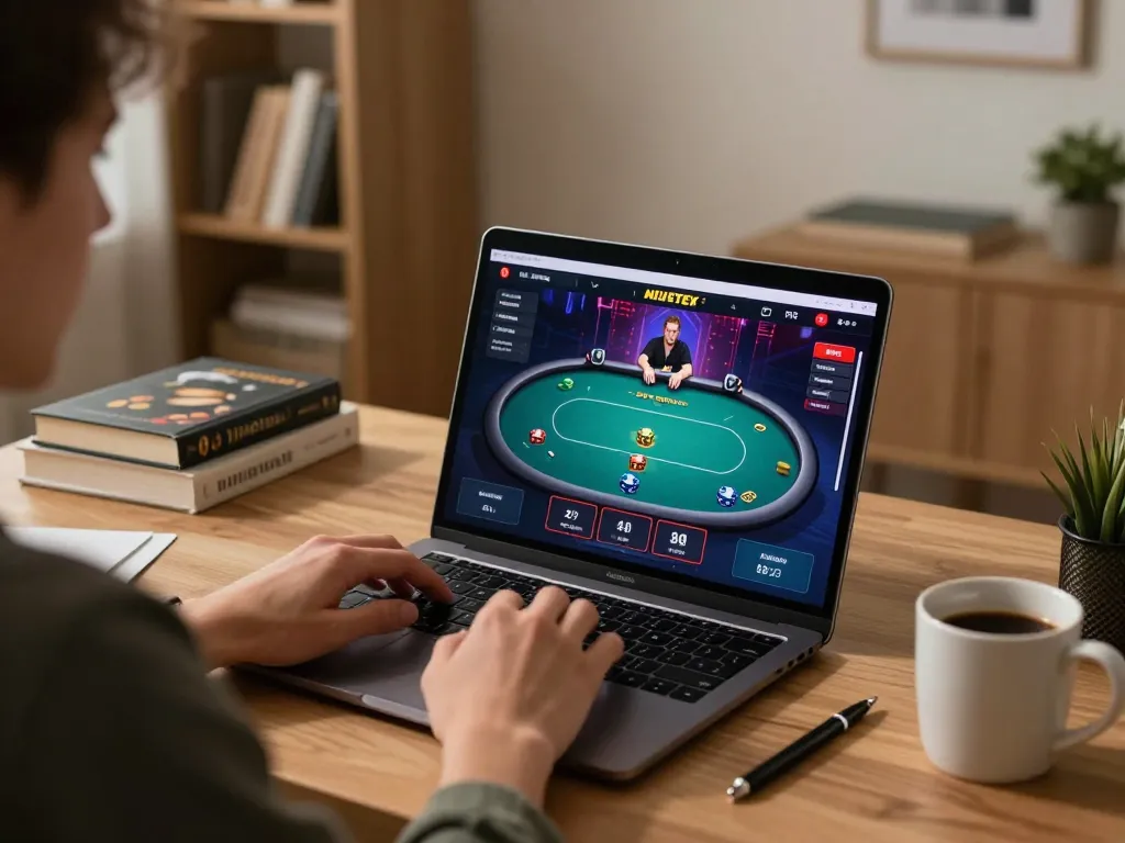 Online gaming in action with cm88z poker interface displayed on a laptop in a cozy home