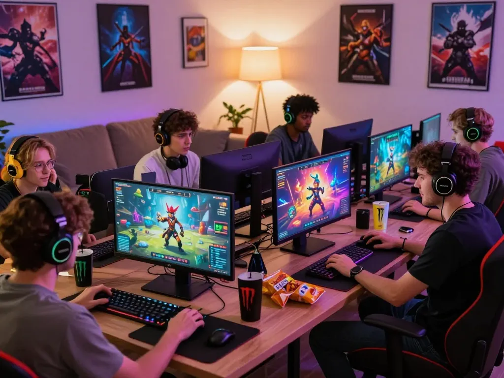 Players engaged in mind control porn browser game, showcasing diverse characters and vibrant graphics in a lively gaming setup.